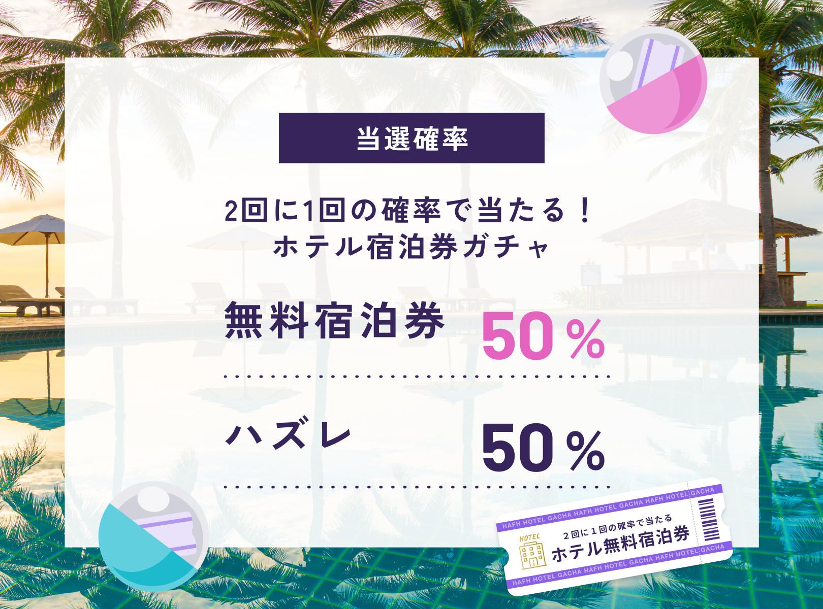 HafHホテル宿泊券ガチャの当選確率は無料宿泊券50％・ハズレ50％