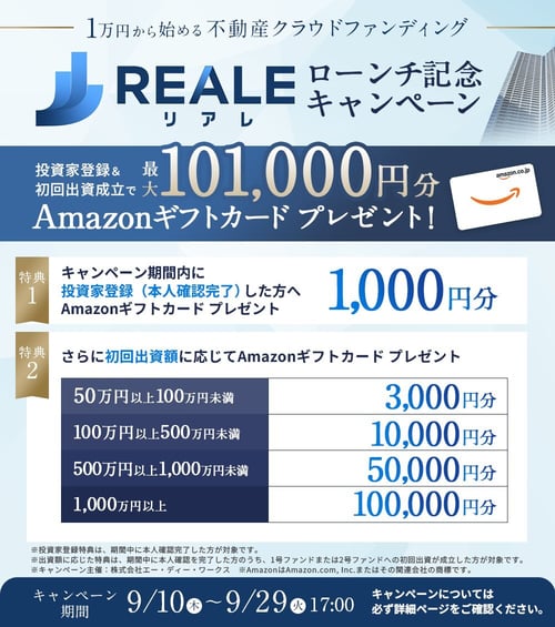 REALEローンチ記念キャンペーン:登録で1,000円分、初回出資額に応じたAmazonギフトカード特典